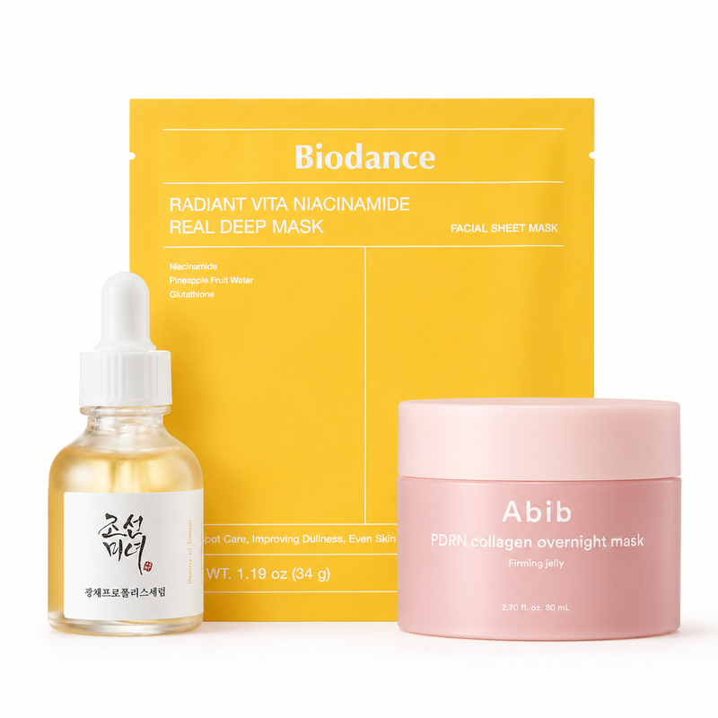 Kit Glass Skin Overnight - Beauty of Joseon serum, Biodance mască Radiant Vita Niacinamide și Abib PDRN collagen overnight mask
